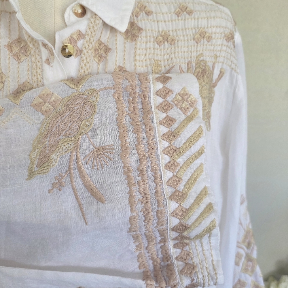 Johnny Was Talia Embroidered Ramie Blouse White Tonal Boho Bell Sleeve S - Picture 5 of 16